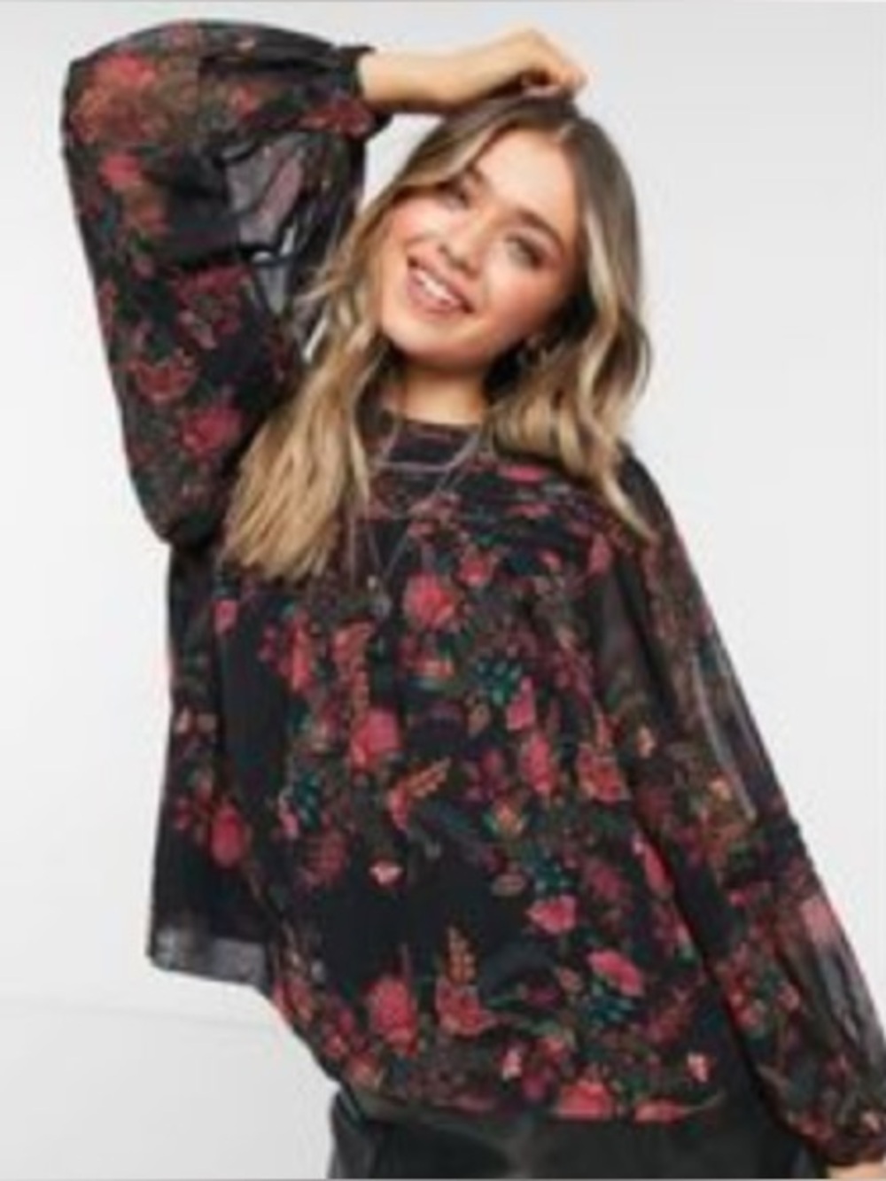 Topshop Floral pleated long sleeved blouse